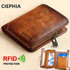 RFID Blocking Short Leather Wallet with Zipper