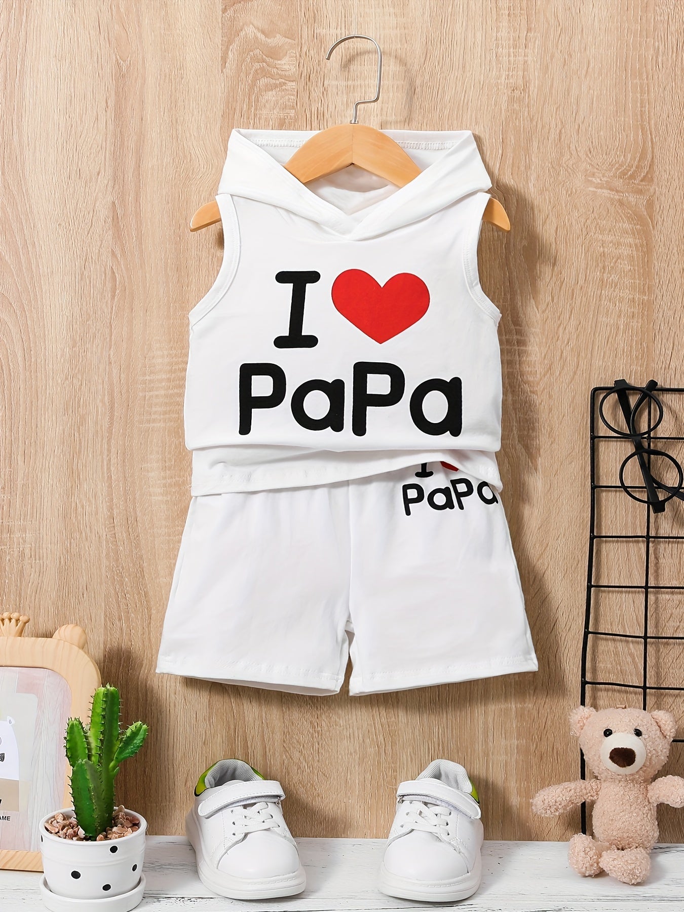 2pcs Baby Boys Casual I Love Papa Hooded Tank Top & Shorts Set Clothes