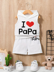 2pcs Baby Boys Casual I Love Papa Hooded Tank Top & Shorts Set Clothes