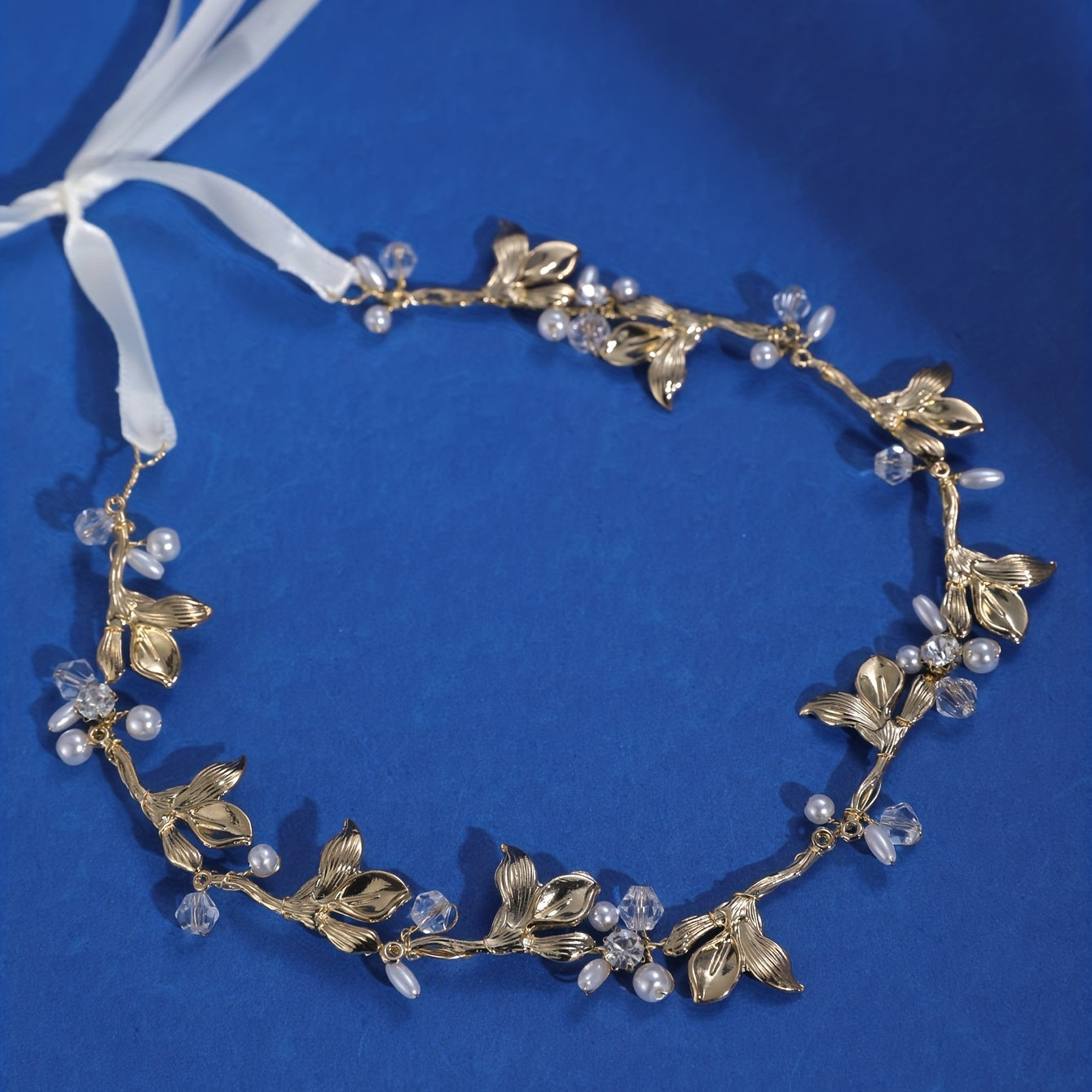 Leaf Shape Head Piece with Faux Pearl & Ribbon Hair Accessories