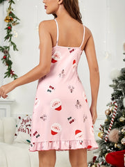 Christmas Print Slip Nightdress Crew Neck Ruffle Sleep Dress Women's Sleepwear