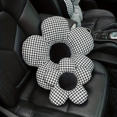 Stylish Houndstooth Flower Headrest Cushion & Waist Pad Car Accessory