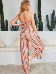 Striped Print Twist Wide Leg Jumpsuit Sleeveless Vacation Wear