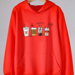 Coffee Print Hoodies Comfy Casual Hooded Sweatshirt Kangaroo Pocket Pullover