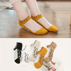 5 Pairs Leopard Print Mesh Socks Sheer Ankle Stockings Hosiery