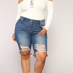 Ripped High Rise Denim Shorts