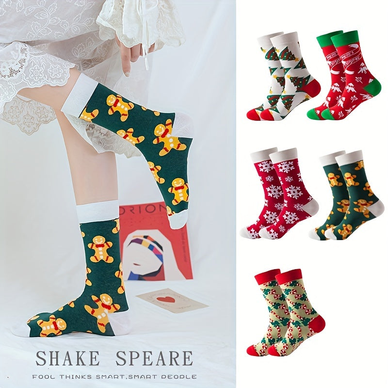5 Pairs Cartoon Print Socks Christmas Mid Tube Stockings Women's Hosiery