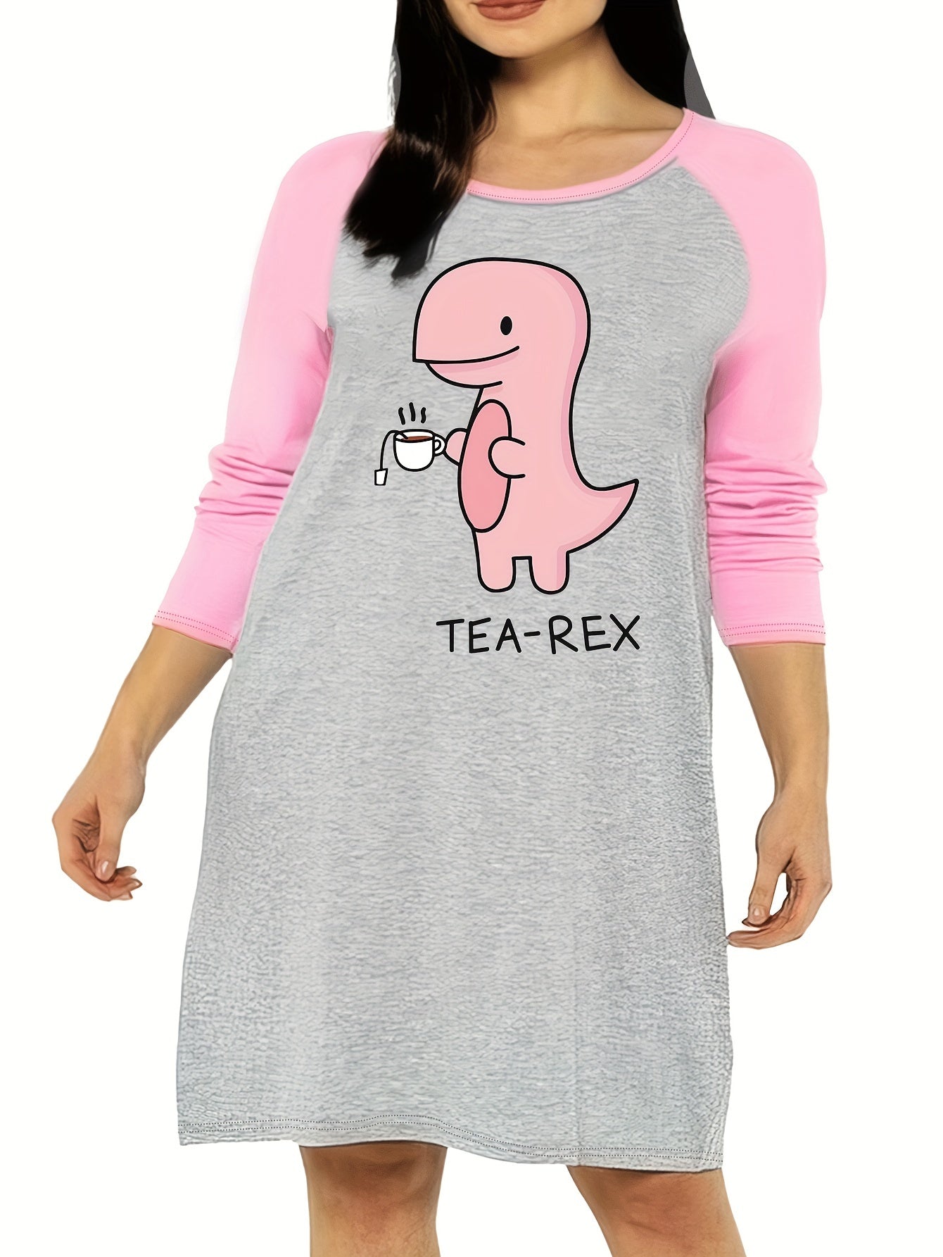 Women's Dinosaur Print Raglan Sleeve Round Neck Tee Sleep Dress