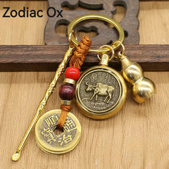 Brass Chinese Zodiac Keychain with Ear Spoon Decoration