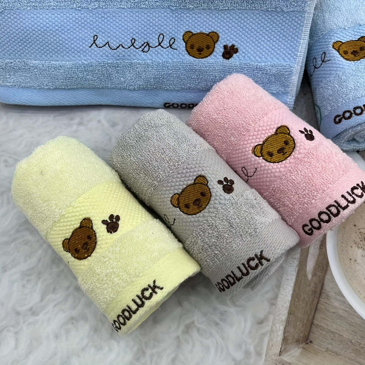 Embroidered Cartoon Pattern Cotton Face Washing Towel 25x9in 1pc