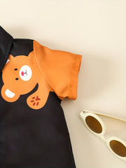 Cartoon Bear Graphic Button Down Tee Top for Baby Boys