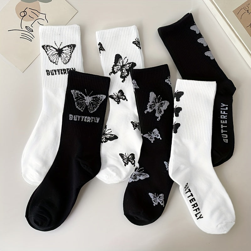 6 Pairs Butterfly Print Socks Mid Tube Women's Stockings