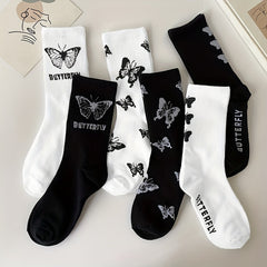 6 Pairs Butterfly Print Socks Mid Tube Women's Stockings