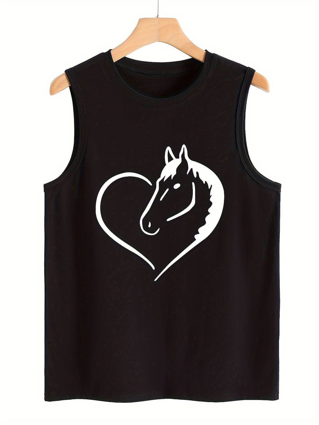 Heart & Horse Print Sleeveless Sports Vest Round Neck Casual Tops