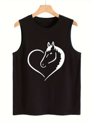 Heart & Horse Print Sleeveless Sports Vest Round Neck Casual Tops