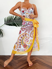 Floral Print Spaghetti Straps One Piece Bathing Suit & Cover Up Skirt Set