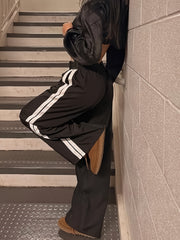Block Stripes Side Loose Pants Elastic Waist Casual Running Pants