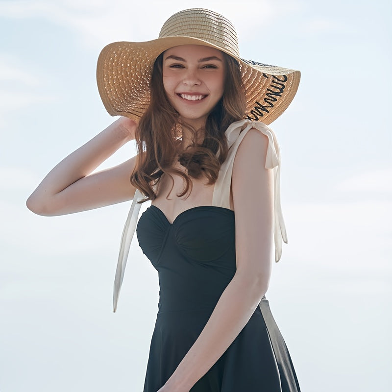 Vintage Summer Sun Hat Embroidered Beach Floppy Straw Hat