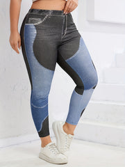 Denim Print Colorblock High Rise Leggings Plus Size Women Jeggings