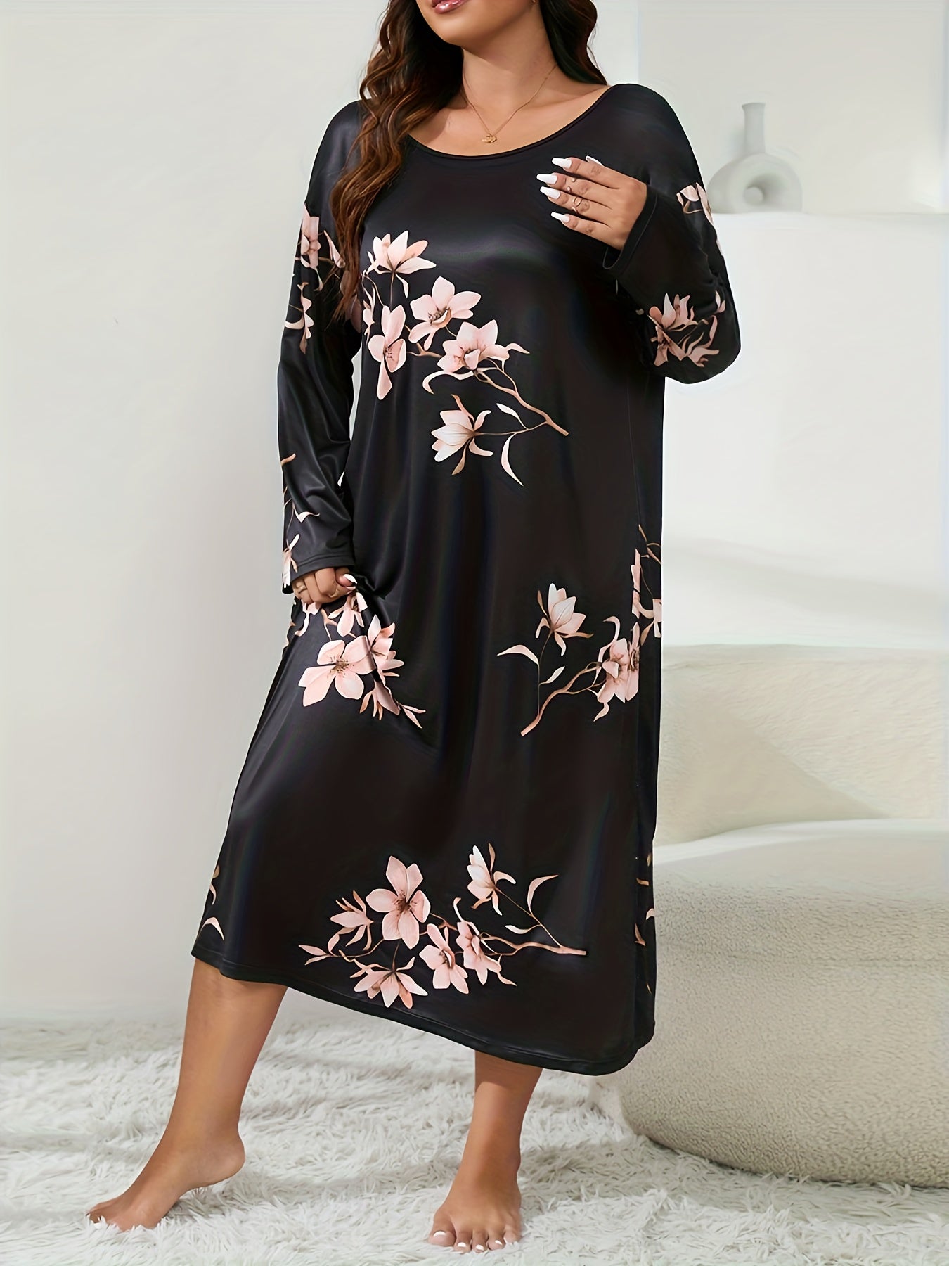 Floral Print Long Sleeve Maxi Tee Nightdress