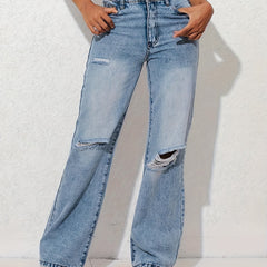 Distressed Wide Leg High Waist Denim Pants