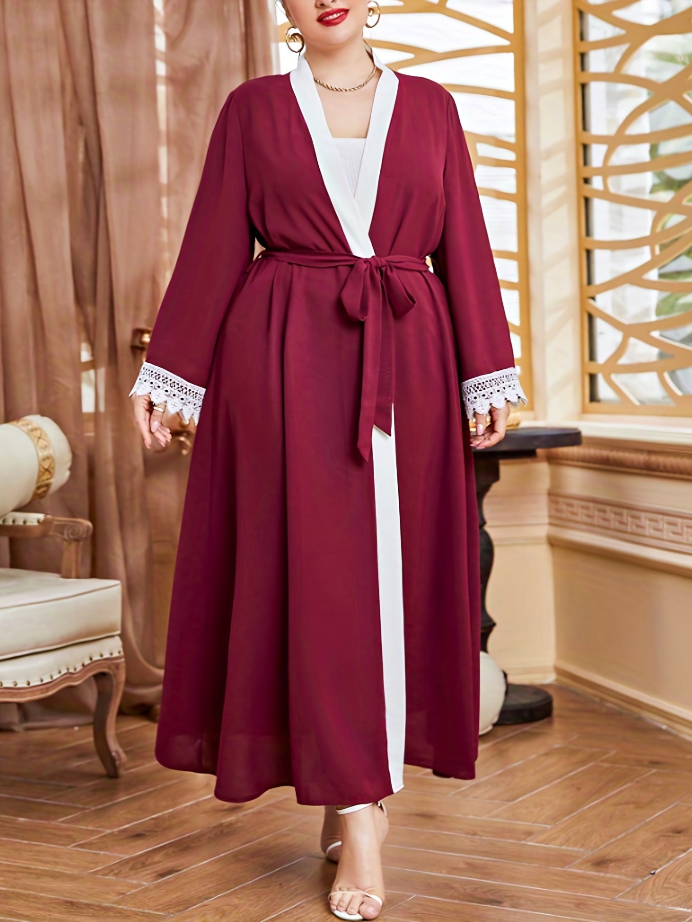 Boho Abaya Robe Plus Contrast Lace Long Sleeve Open Front Robe Arabian Dress