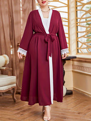 Boho Abaya Robe Plus Contrast Lace Long Sleeve Open Front Robe Arabian Dress