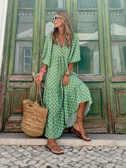 Boho Dress Women's Plus Allover Print Lantern Sleeve Tie Smock