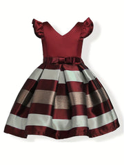 Toddlr Girls Striped Princess Dress Gown Ruffle Trim Bow Piano Performance