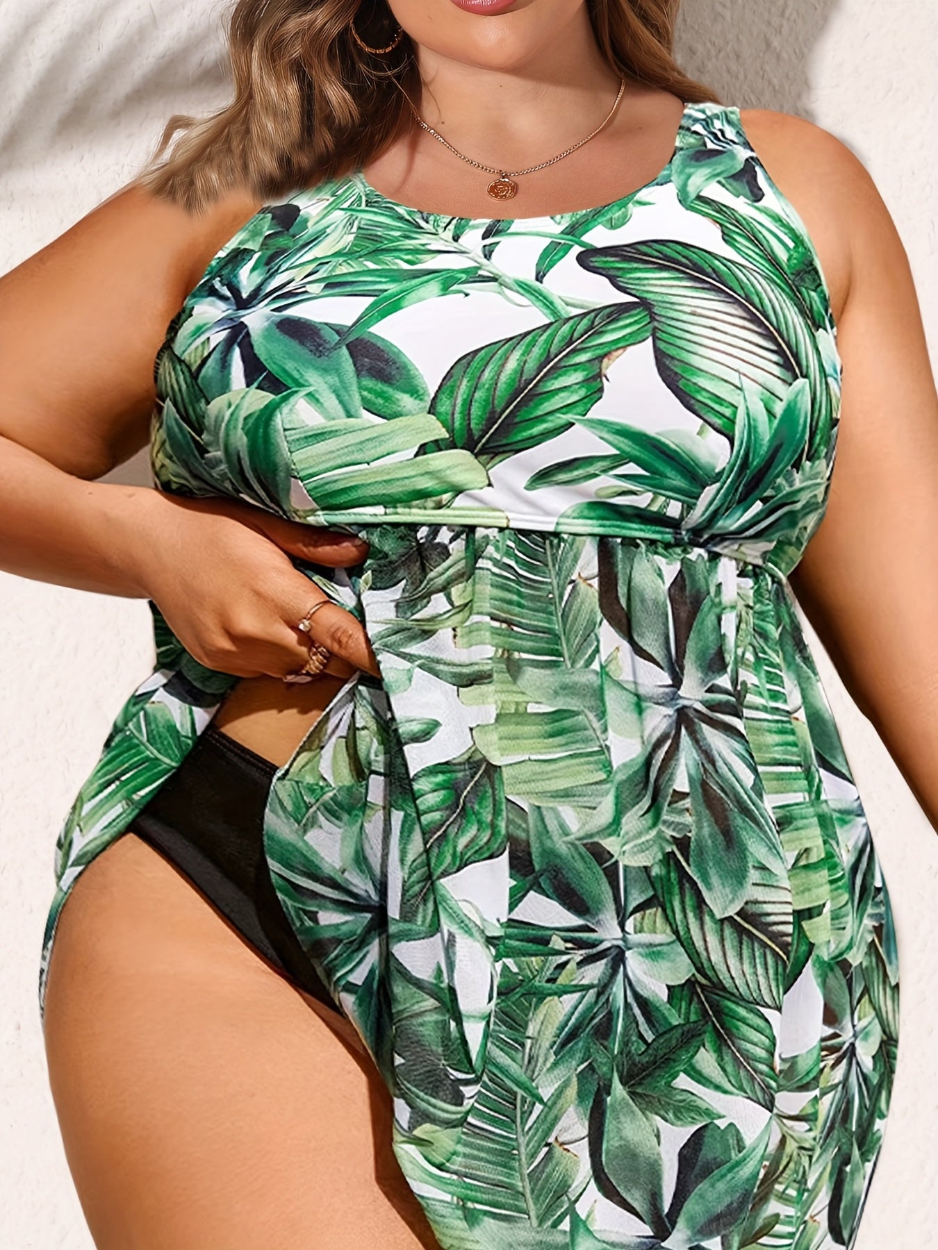 Tropical Print Tankini Set Round Neck Swimsuit Two Piece
