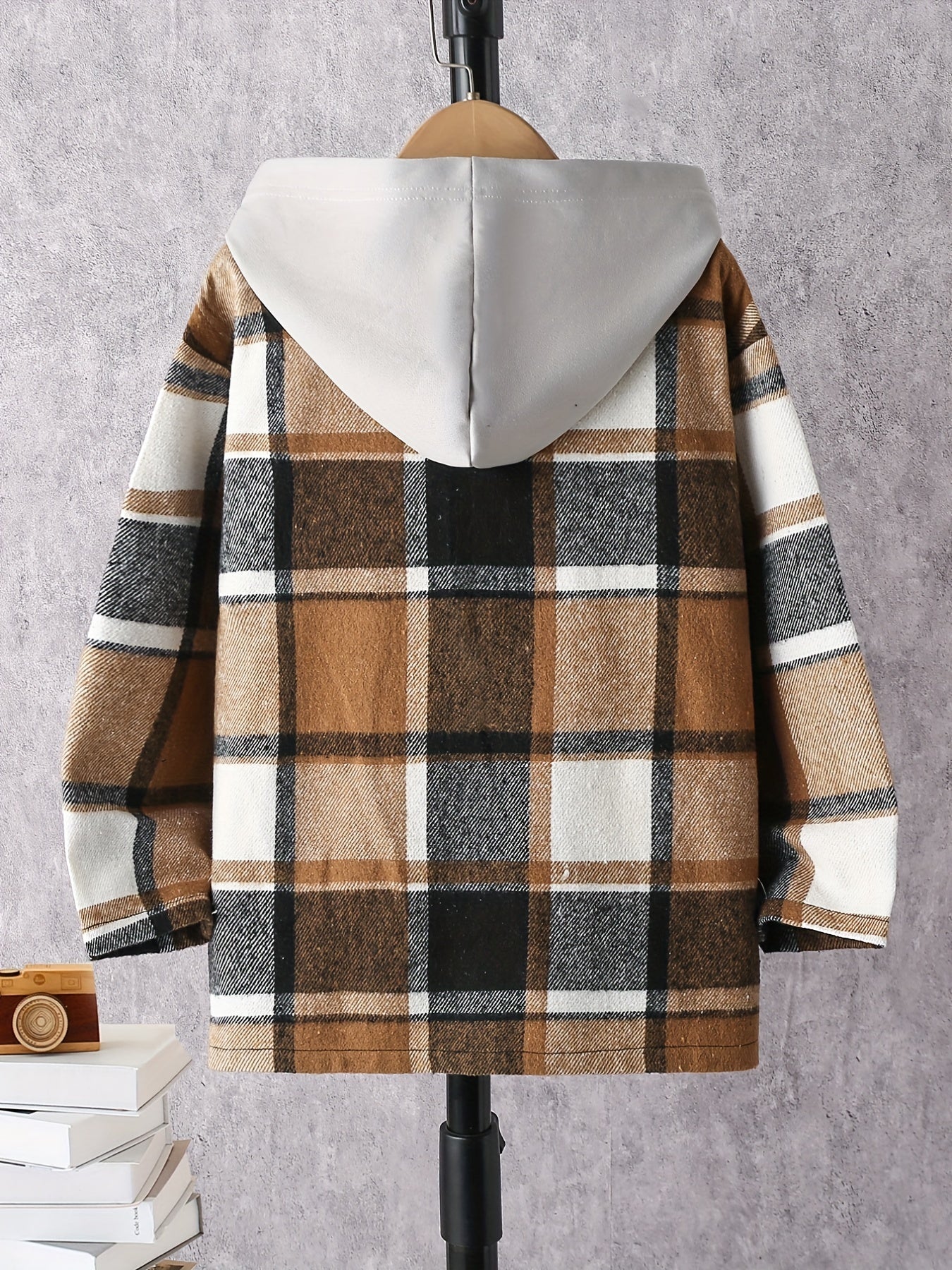 Boy's Plaid Button Down Long Sleeve Hooded Shirt Jacket Coat