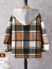 Boy's Plaid Button Down Long Sleeve Hooded Shirt Jacket Coat