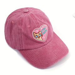 Pink Distressed Baseball Cap Cat Heart Embroidery Dad Hat