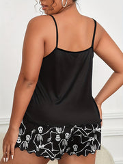 Halloween Skull Print Pajama Set Women's Cami Top & Shorts