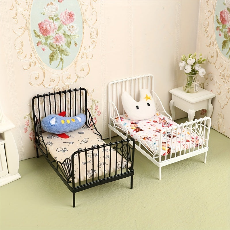 1:12 Dollhouse Mini Iron Bed Cradle with Cushion Mattress Bedroom Decor