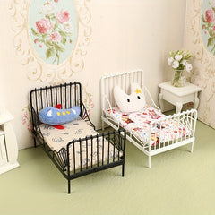 1:12 Dollhouse Mini Iron Bed Cradle with Cushion Mattress Bedroom Decor