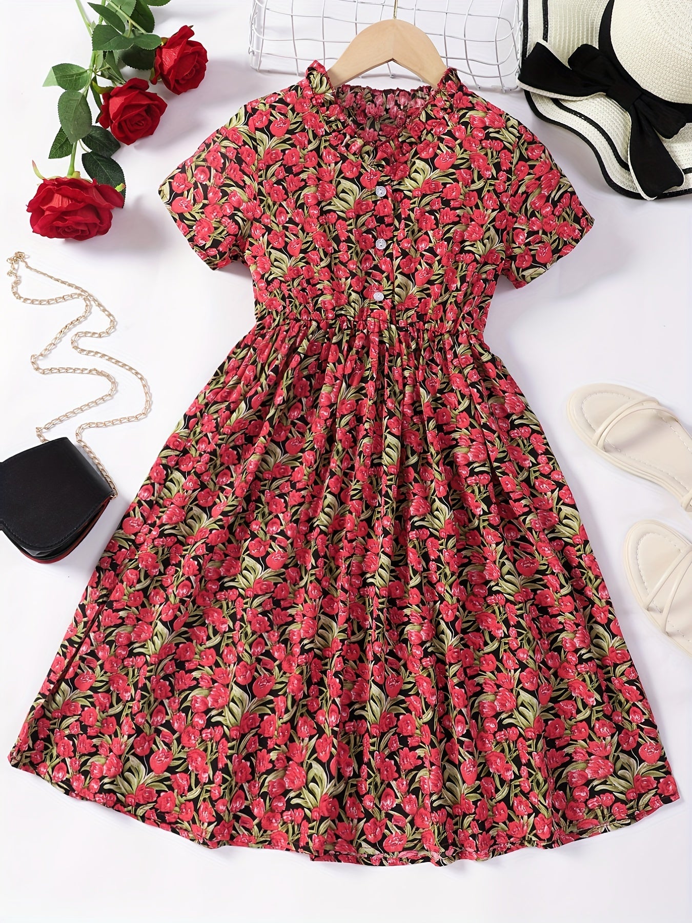 Girls' Floral Button V Neck Short Sleeve Casual Dress