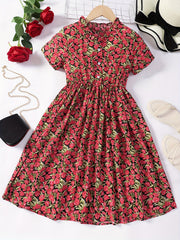 Girls' Floral Button V Neck Short Sleeve Casual Dress