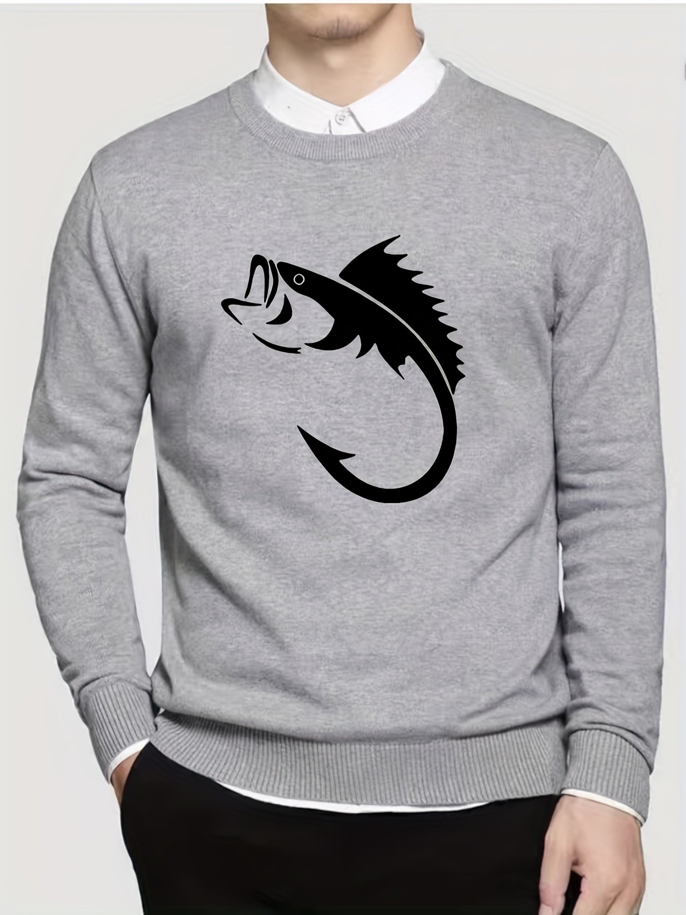 Fish Pattern Knitted Sweater Men's Casual Warm Pullover for Fall Winter