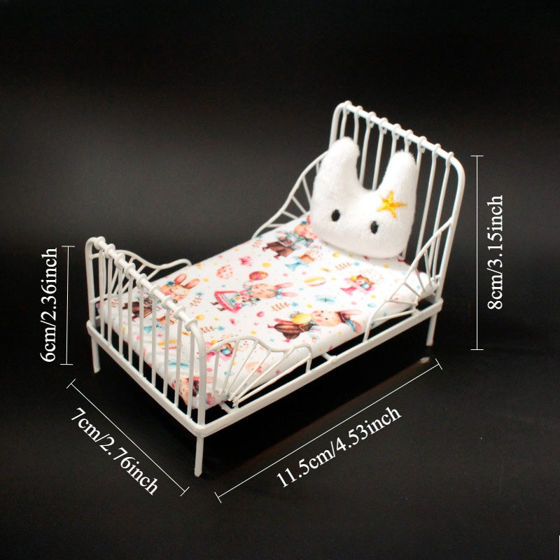 Mini Iron Bed w/ Pillow Metal Dollhouse Furniture