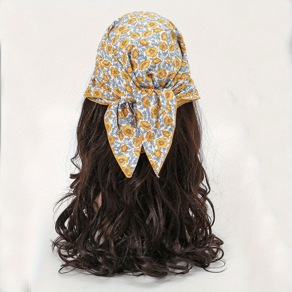 Floral Print Square Scarf Solid Bandana Women Head Wrap Necke...