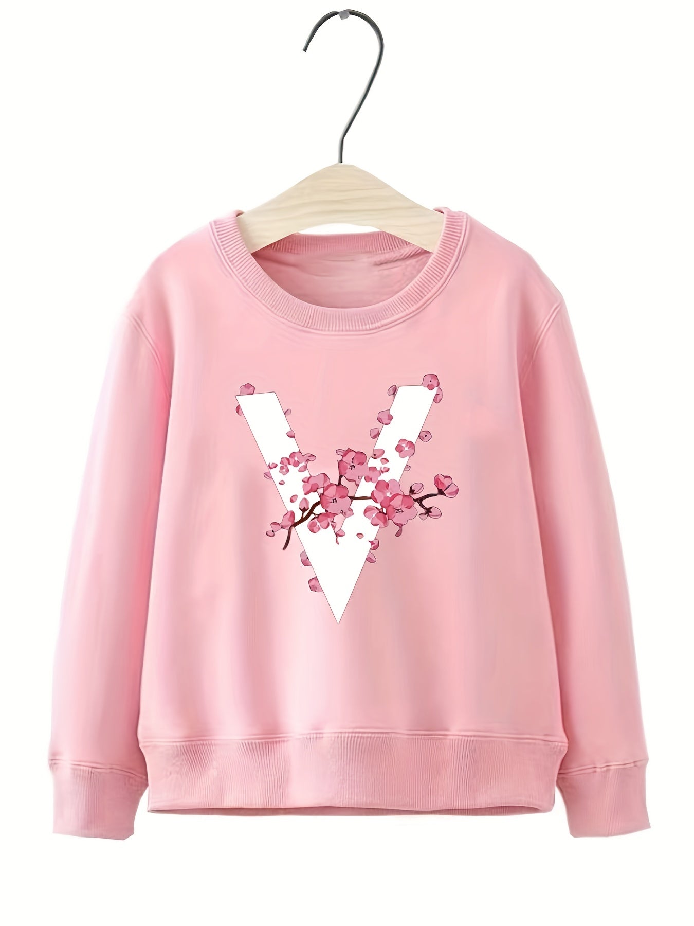 Blossoms & "V" Alphabet Pattern Sweatshirt For Girls