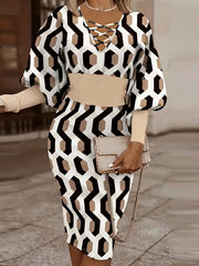 Geometric Print Lantern Sleeve V Neck Bodycon Dress