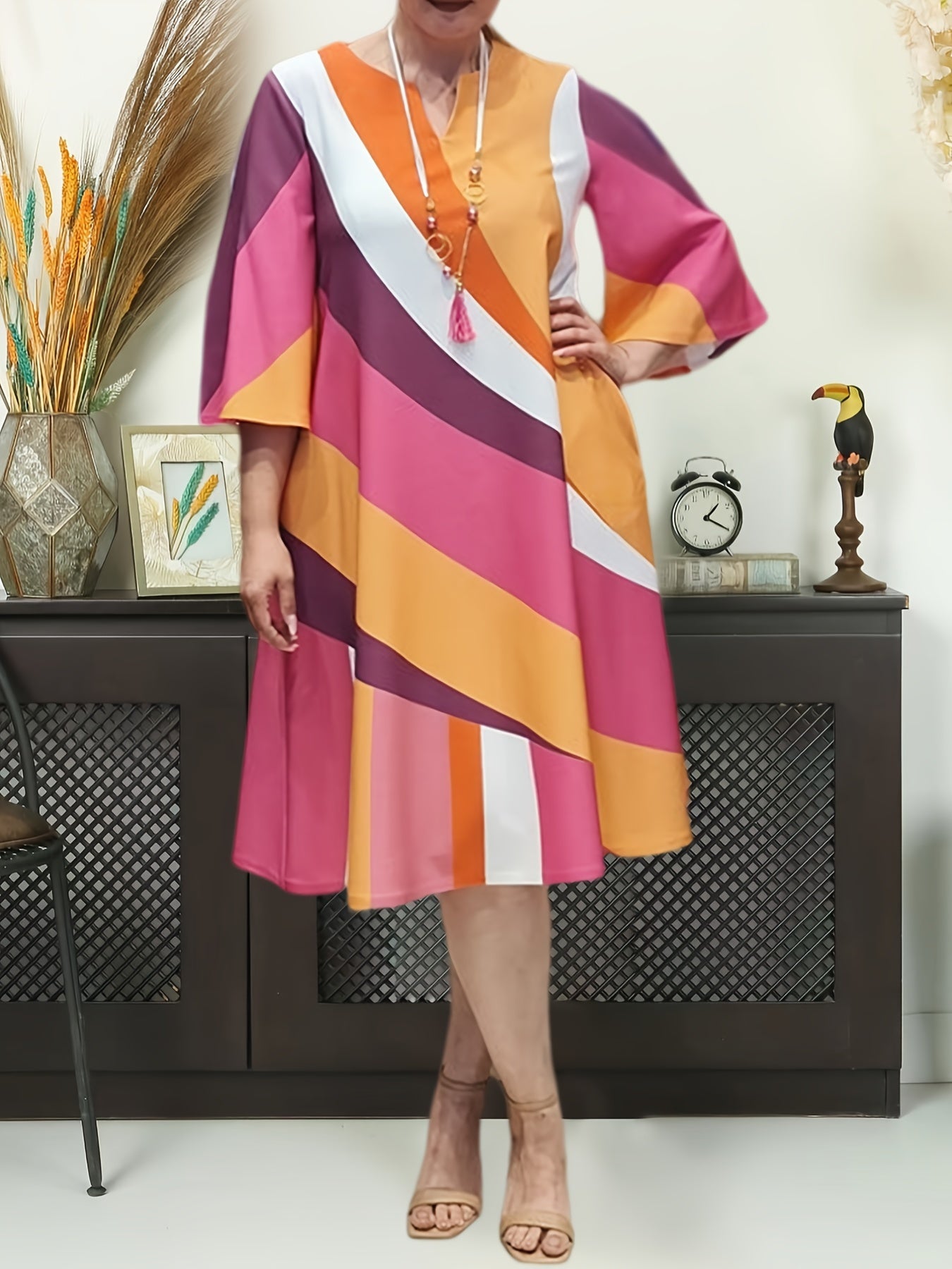 Dress Women's Plus Strip Half Sleeve Midi Dress
