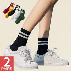 2 Pairs Striped Trim Short Socks Women's Stocking