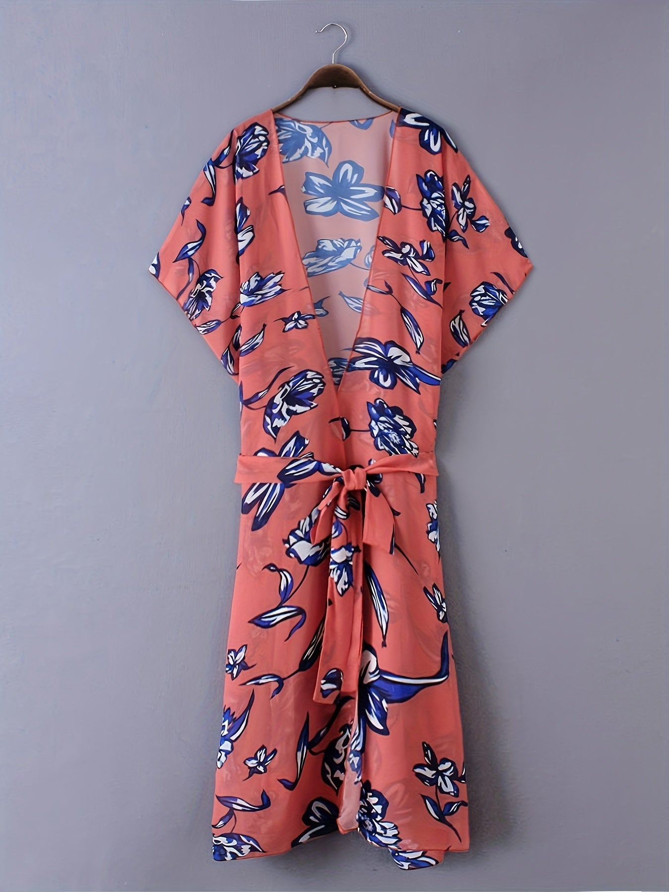 Plant Graphic Cover Up Shirt Loose Fit Non Stretch Beachwear Kimono
