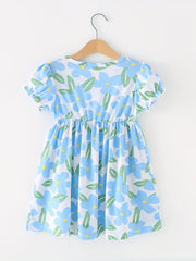 Floral Print Cotton Dress Toddler Girls Round Neck Swing Comfortable