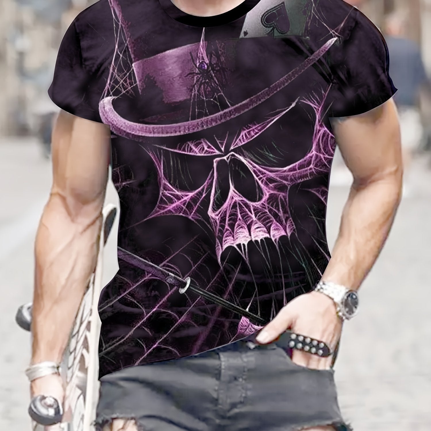 Purple Skull 3D Pattern Print Men's Short Sleeve T-shirt Graphic Tee
