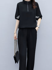 Striped Print Zipper Front T-shirt & High Waist Set