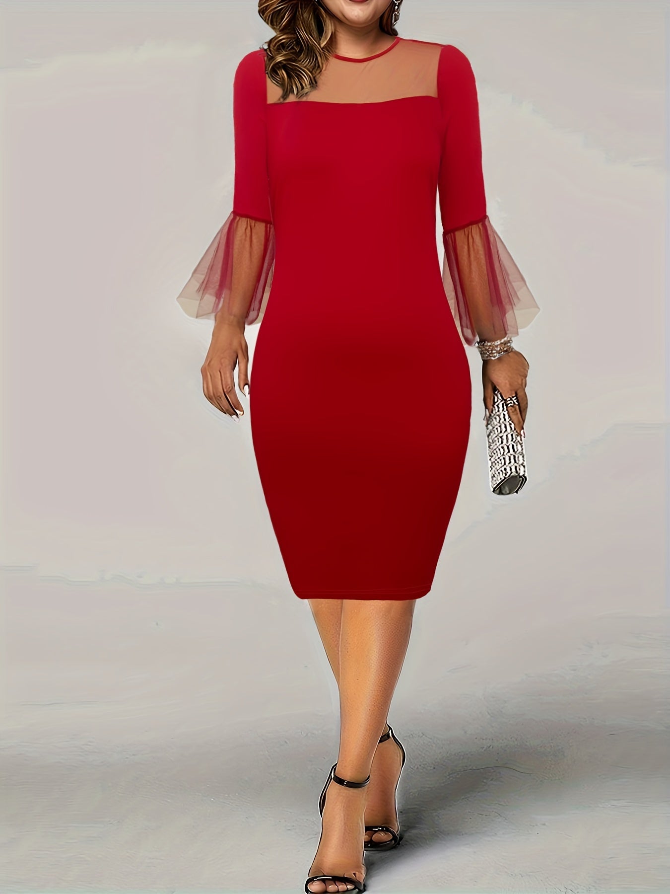 Mesh Sleeve Round Neck Formal Dress